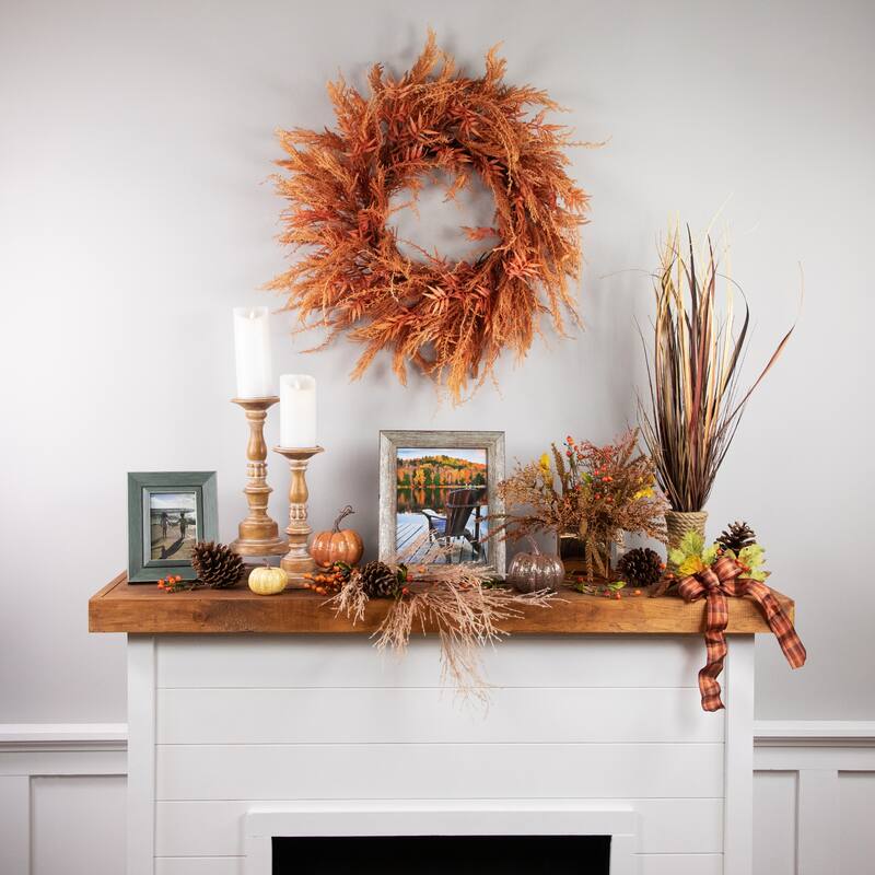 Peachy Pampas Grass Artificial Fall Harvest Wreath, 24-Inch - Unlit