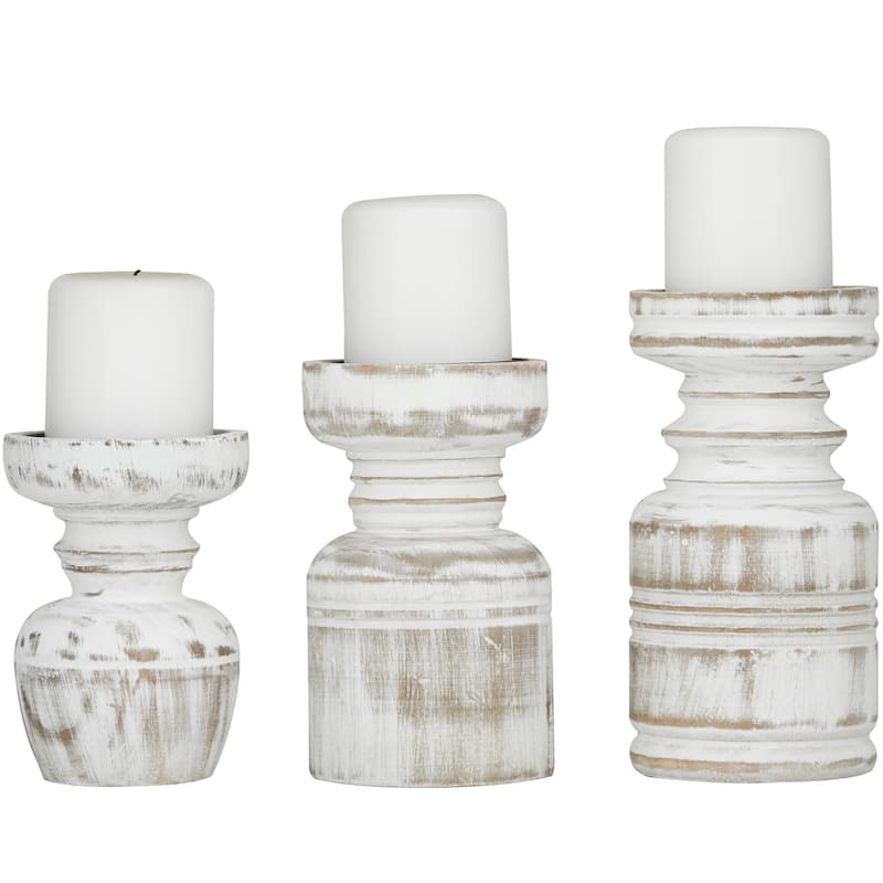 Brown Wood Pillar Candle Holder with White Wash Finish (Set of 3)