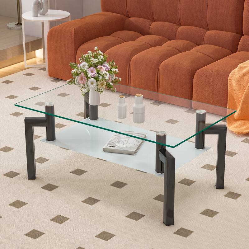 Rectangle Glass Clear Coffee Table Side Table - Black