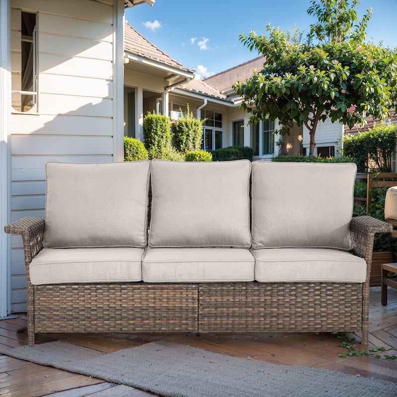 Outdoor Rattan Sofa with Cushion - Brown - Beige