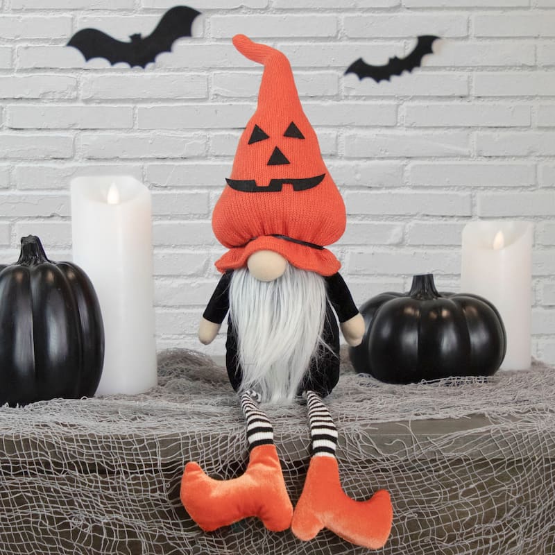 Gnome with Dangling Legs and Witch Shoes Halloween Figure - 22" - Orange and Black