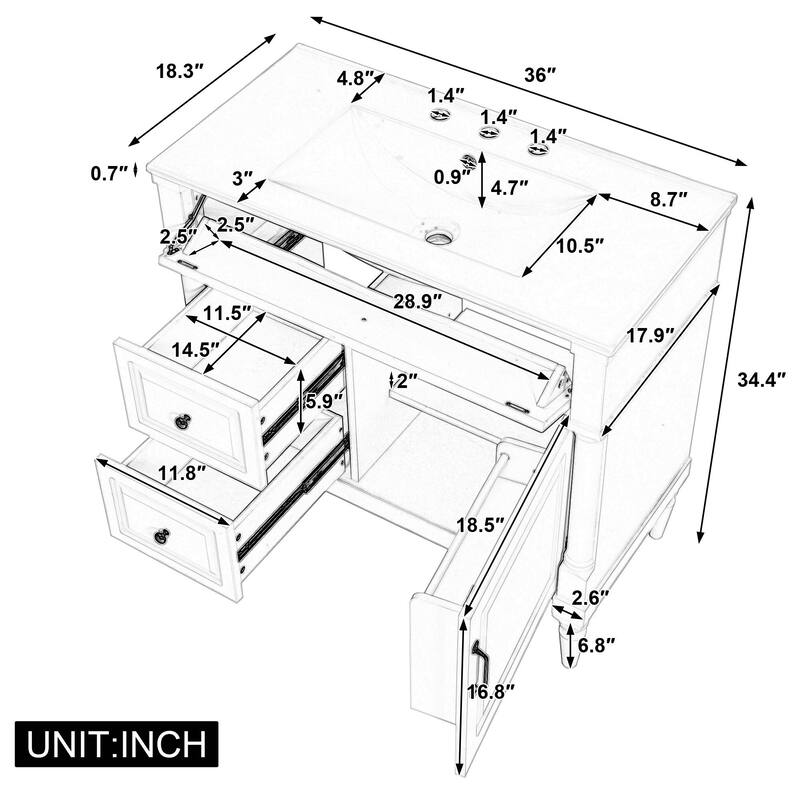 36" Bathroom Vanity with Sink, Freestanding Bathroom Cabinet with Ceramic Basin, Flip Drawer
