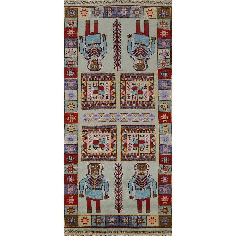 Hand Knotted Oriental 100% Wool Carpet Traditional Tribal Navy Blue & Blues Heriz (serapi) Runner Rug - 9' 7'' X 3' 10''