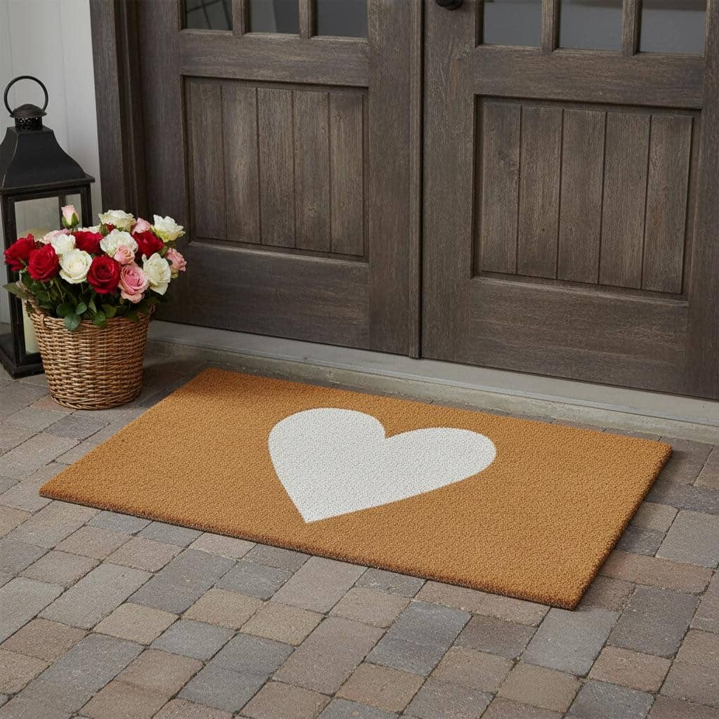 HomeRoots 24" X 48" Brown And White Heart Outdoor Coir Door Mat - 24.00' X '48.00