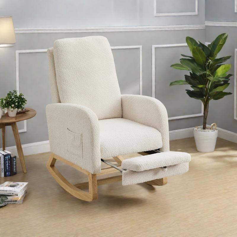 Boucle Rocking Chair with Retractable Footrest and Side Pockets - Ivory