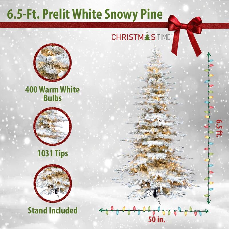 Christmas Time 6.5-Ft. White Pine Snowy Artificial Christmas Tree with Warm White LED Lighting - Snow
