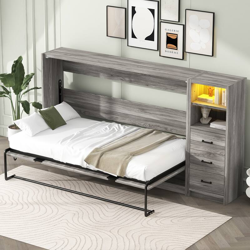 Space-Saving Foldable Twin Bed with Drawers, LED Light, and Cabinet, Gray