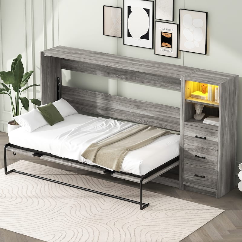 Twin Size Murphy Bed with 3 Drawers & LED Light, Foldable into Cabinet, Space-Saving Design, No Box Spring Required