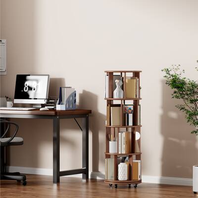 100% Solid Wood 4-Tier Rotating Bookshelf - 360° Spinning Round Revolving Bookcase on Wheels, Walnut Narrow Rolling Shelf Tower