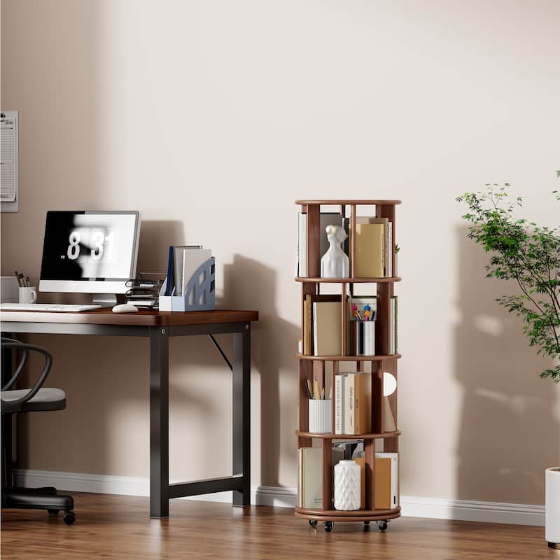 100%Solid Wood Rotating Bookshelf on Wheels, 4 Tier, Round Revolving Bookcase, 360°Spinning Book Shelf Tower