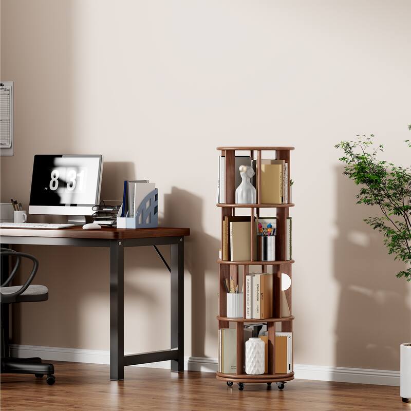 GDFStudio - Marcellin Rubberwood 360°Spinning Bookcase Tower on Wheels - 4 Tier - Walnut Color