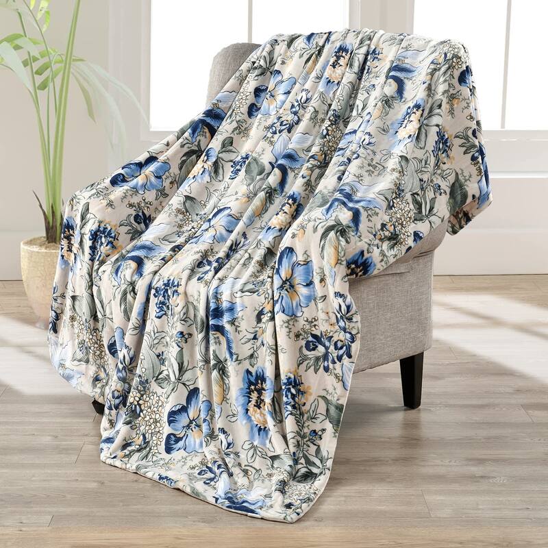 Printed Flannel Tropical Flower French / Puerto Rico Floral Throw - delphinum