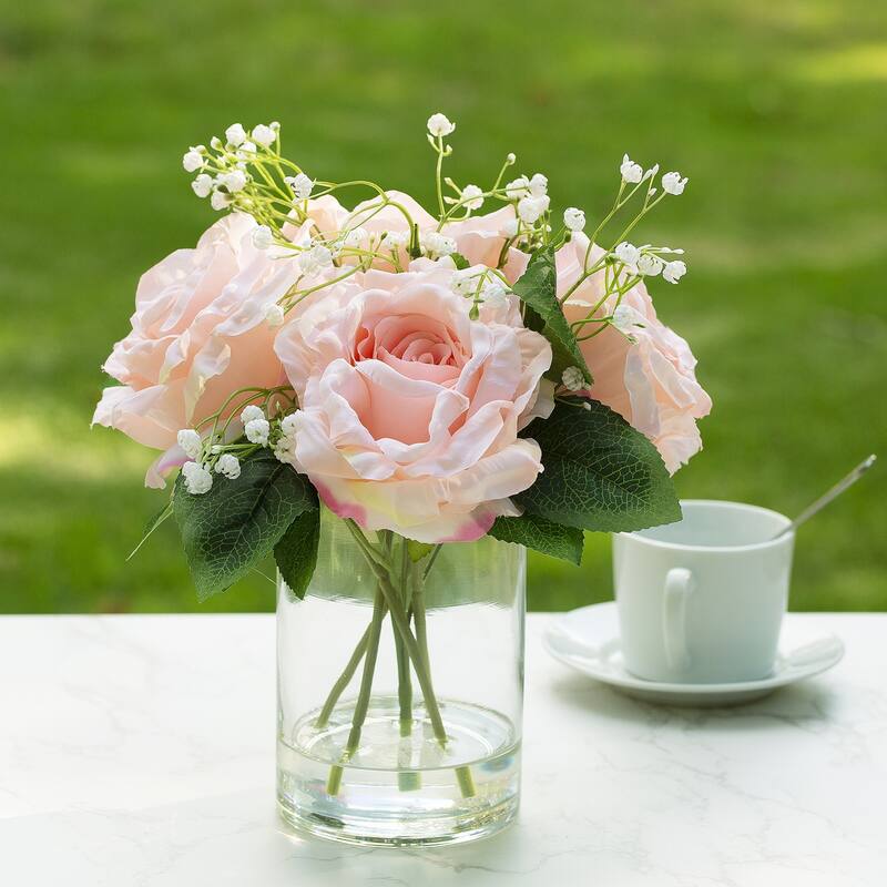 Enova Home 4 Large Silk Rose Flowers in Clear Glass Vase with Faux Water for Home Office Decoration - Pink