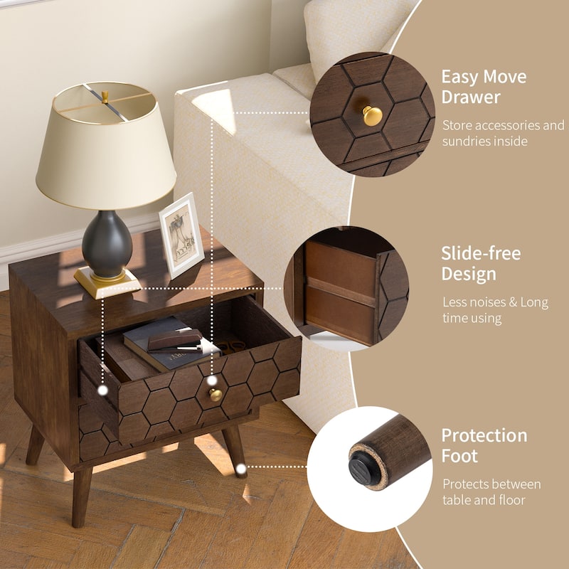 COSIEST Mid-Century Honeycomb 4 Legs End Table with Drawers