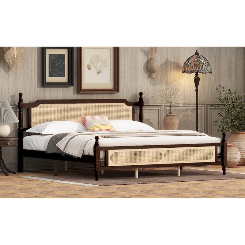 Roomfitters King Pine Wood Bed Frame with Rattan Headboard and Footboard, Central Reinforced Platform Support