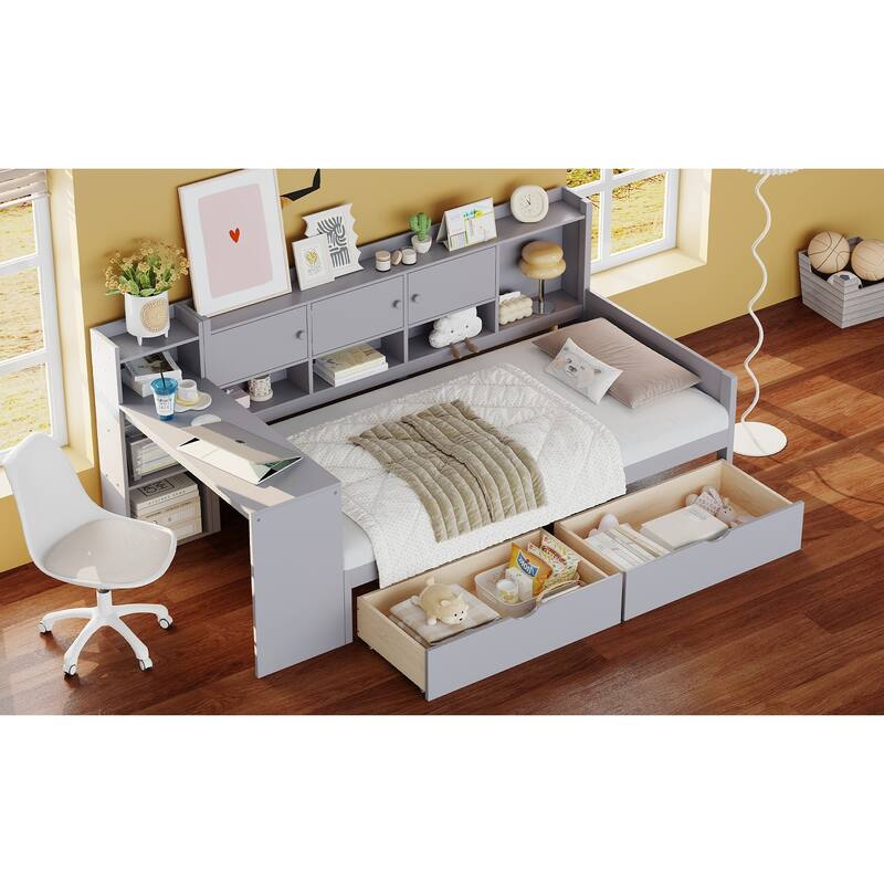 Full Size Daybed with Storage 3 Cabinets and 2 Drawers,Wooden Daybed Frame with Study Desk and Bookshelf,Multi-functional Bed
