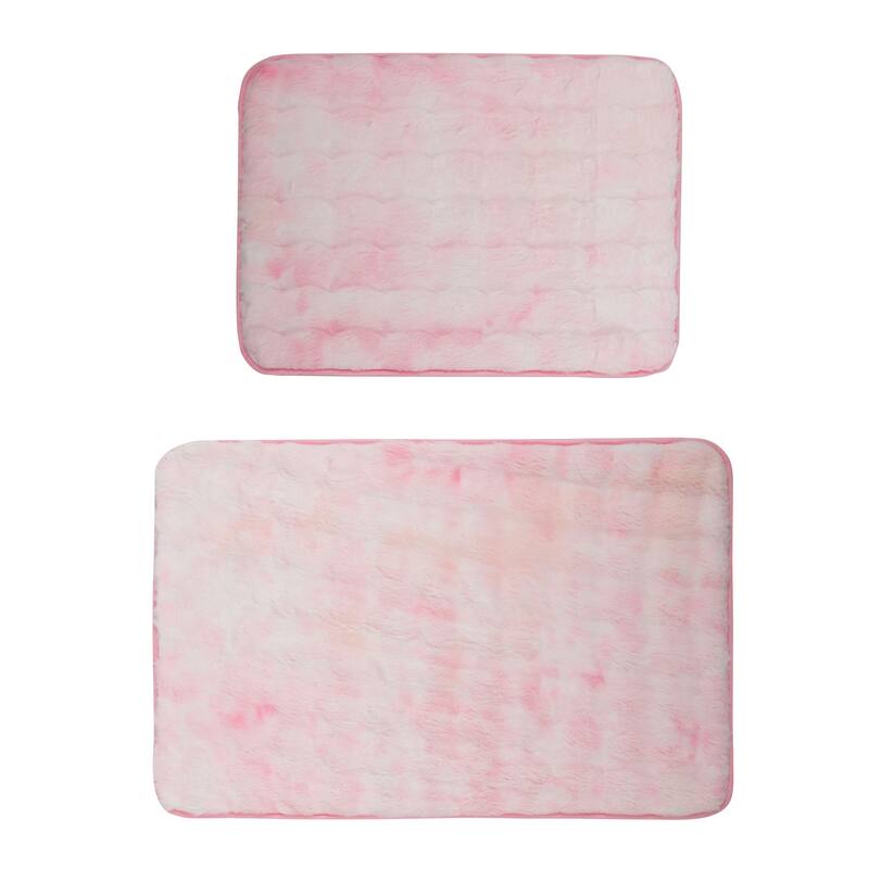 Green 2 Piece Striped Textured Ultra Soft Faux Fake Fur Rabbit Non-Slip Absorbent Bathroom Bath Mat Set