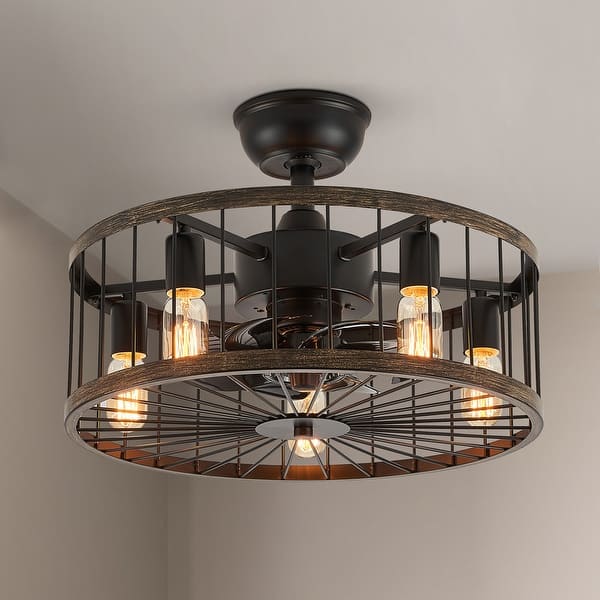 20 in. Low Profile Ceiling Fan Light Modern Farmhouse Wood Finish Caged