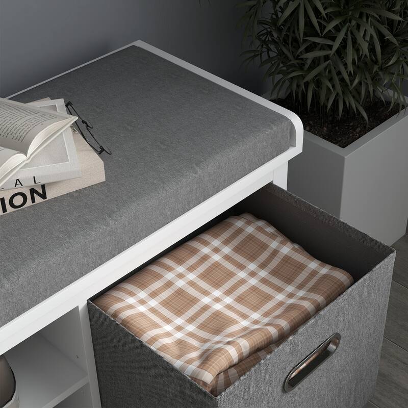 Upholstered Seat Storage Bench with Adjustable Shelves, White Gray Shoe Bench Entry Footrest Bench with Fabric Drawer