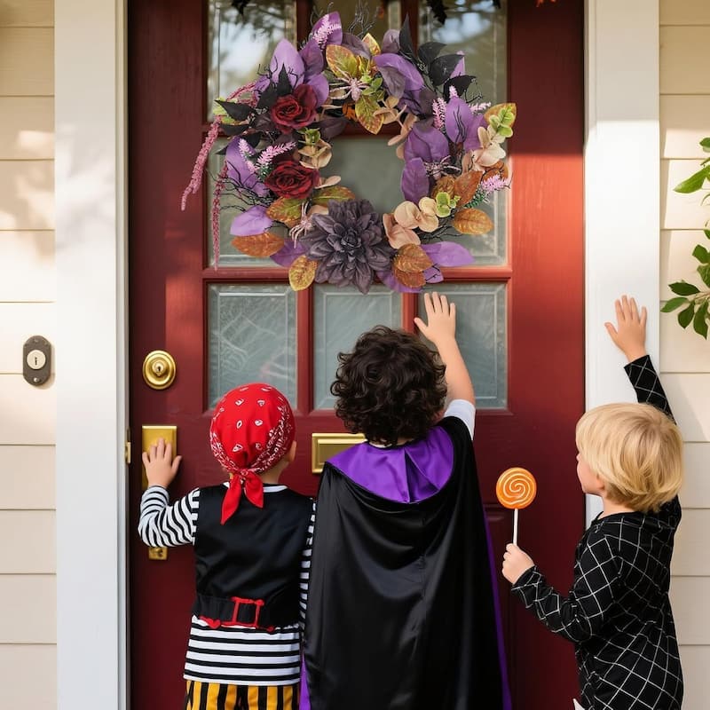 18 Inch Halloween Autumn Wreath with Artificial Flowers - N/A