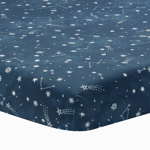 slide 2 of 5, Lambs & Ivy Sky Rocket Blue Stars/Galaxy/Space 100% Cotton Fitted Crib Sheet
