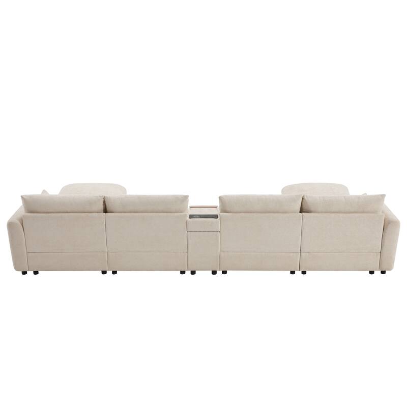 142" Chenille U-Shaped Modular Sectional Sofa with 2 Storage Ottomans(USB/Wireless Charger + Cup Holders)