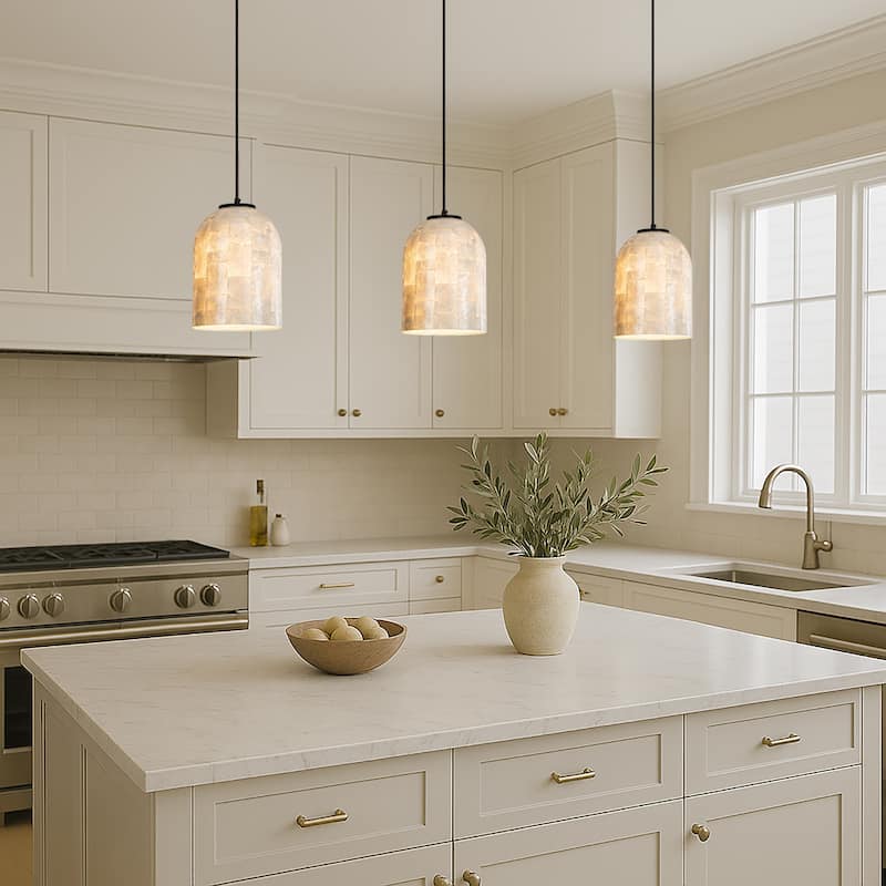 1-Light 7'' Modern Farmhouse Natural Capiz Seashell Single Pendant Light Coastal Cylinder Hanging Light For Kitchen - W7''