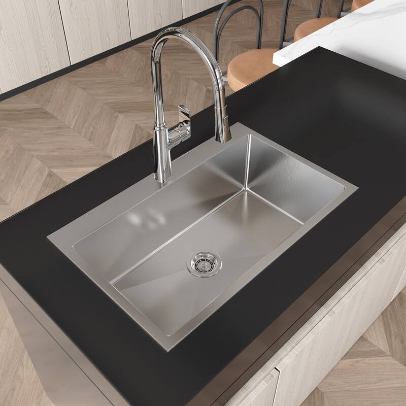 Dark Gray 30 Inch Single Bowl Overmount Kitchen Sink 304 Stainless Steel Brushed Finish with Grid Drain - 30" L × 19" W × 10" H