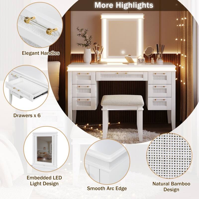 48" Dresser with Mirror, LED Light Strips, 7 Drawers and Stool