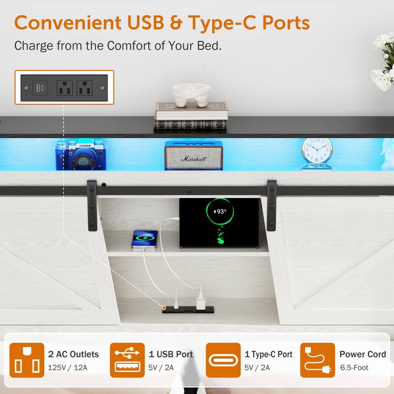 Farmhouse Full/Queen Bed Frame with Storage Headboard, Drawers, Charging Station and RGB LED Lights, MDF and Steel Platform Bed