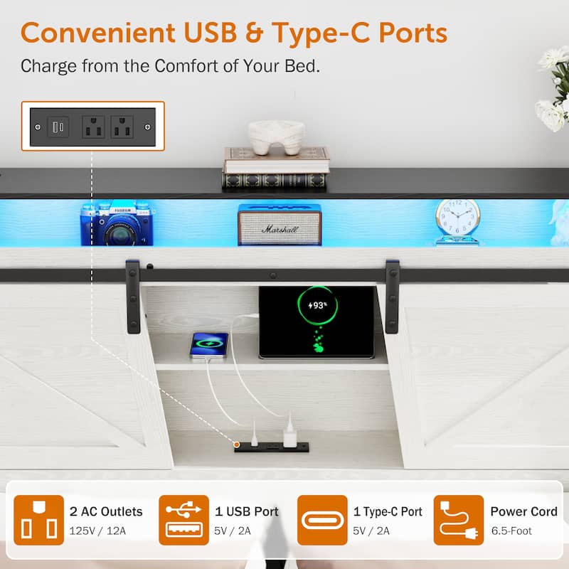 White Platform Bed Frame with 2 Drawers and Bookcase Headboard/LED Lights/Sliding Barn Door Storage Shelves and Charging Station