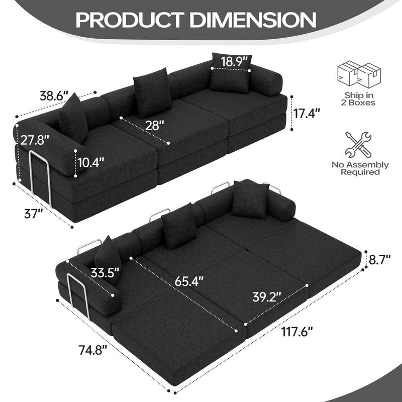4-in-1 Folding Sofa Bed with Fixed-Shape Frame, DIY Combination Modular Sofa Convertible Chenille Couch for Living Room