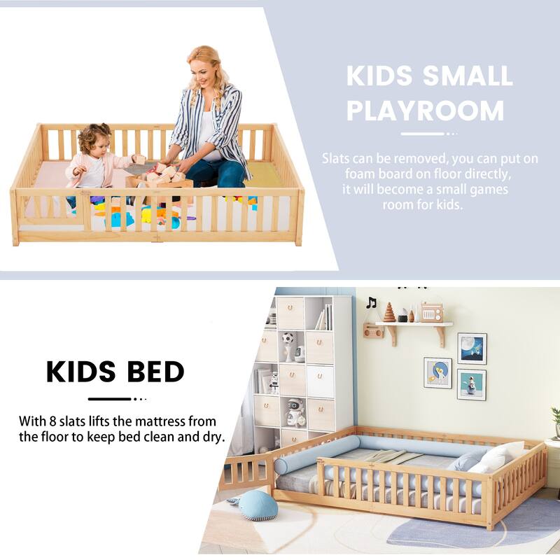 Twin/Full/Queen Size Floor Bed with Safety Guardrails for Kids, Wood Montessori Bedframe w/ Door, Children's Noiseless Beds