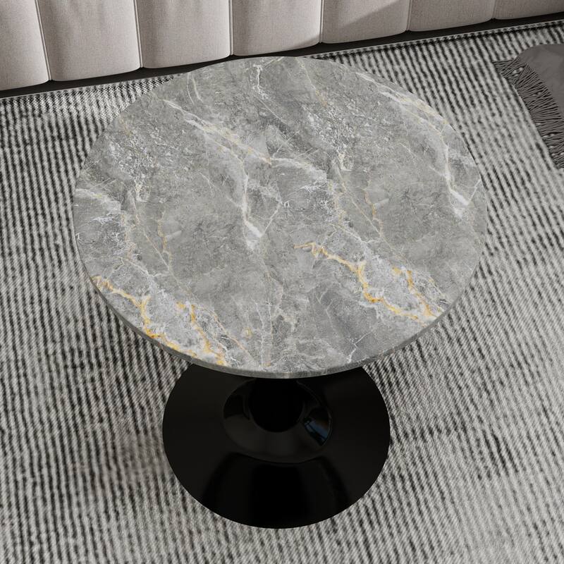 27.6" Mid-Century Modern Style Dining Table, Accommodates 2-4 People, Featuring A Round Dark Gray Textured Marble Tabletop