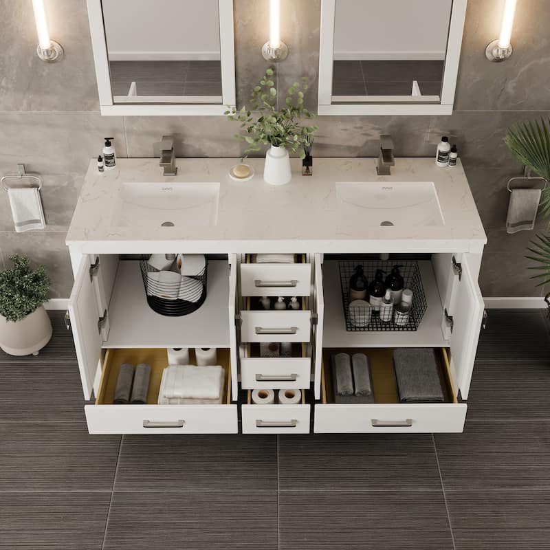 Eviva London 60"W x 21"D White Double Sink Bathroom Vanity with Carrara Quartz Countertop and Undermount Porcelain Sink - 60"