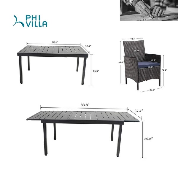 PHI VILLA 7/9 Piece Outdoor Dining Table Sets, Expandable Rectangular Metal Dining Table and 6 Rattan Chairs