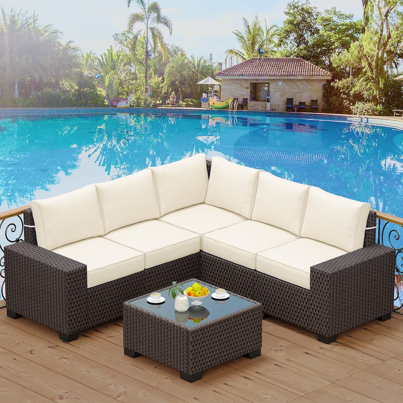 Outdoor Patio Sofa,6 Piece Rattan Furniture Set with Glass Table