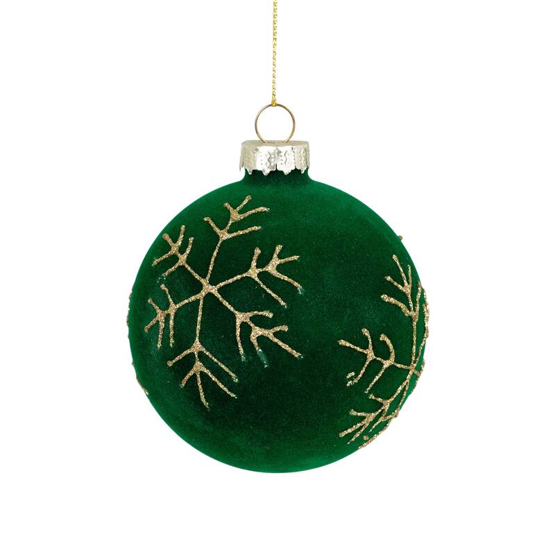 4ct Green Flocked Glass Ball Christmas Ornaments Gold Snowflakes 3"