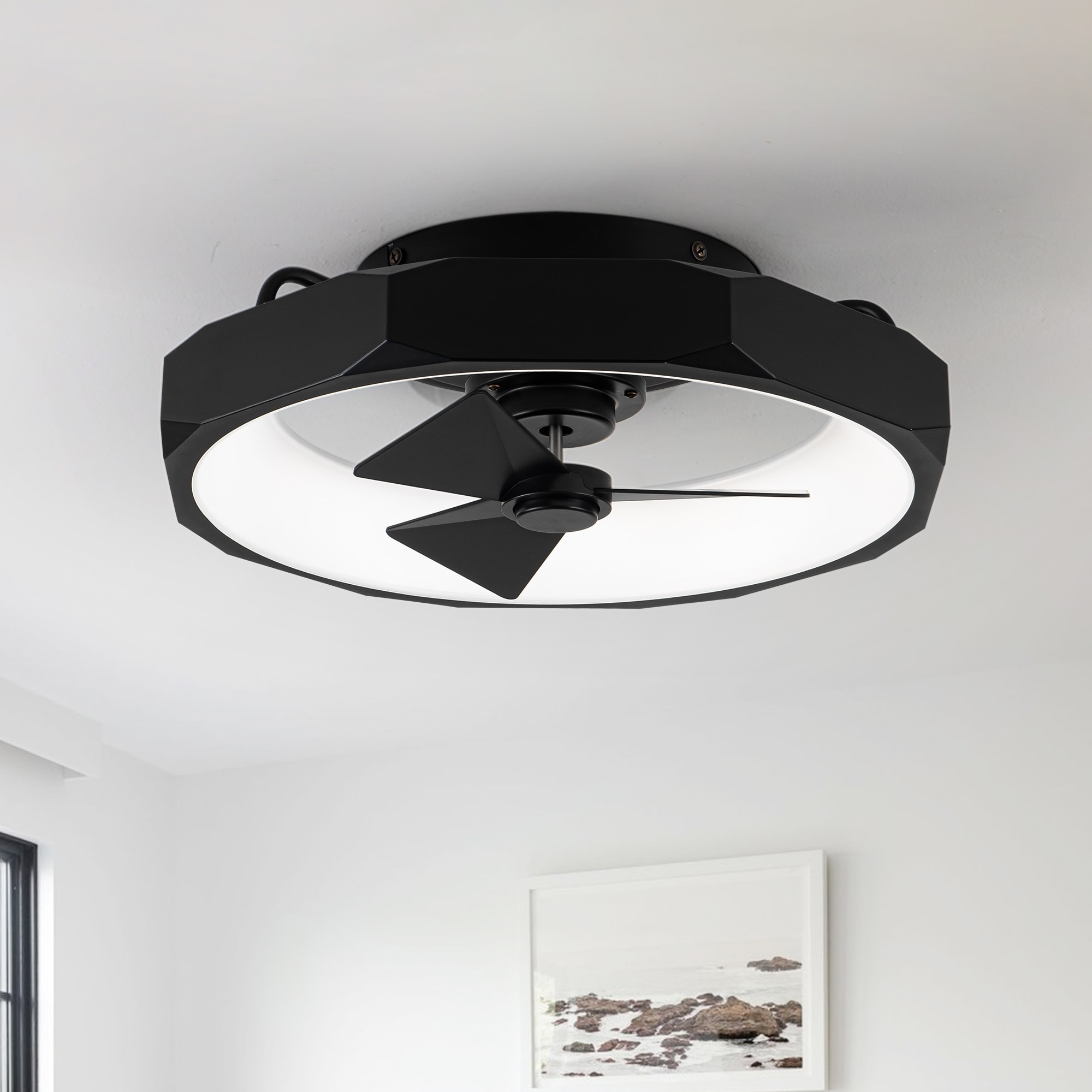 19" Black Modern Ultra Low Profile Ceiling Fan with Light and Remote