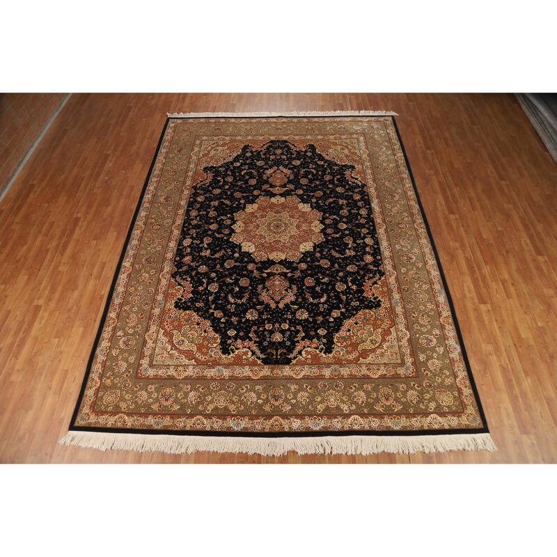 Vegetable Dye Floral Tabriz Chinese Rug Handmade Wool and Silk Carpet - 9'1" x 12'1"