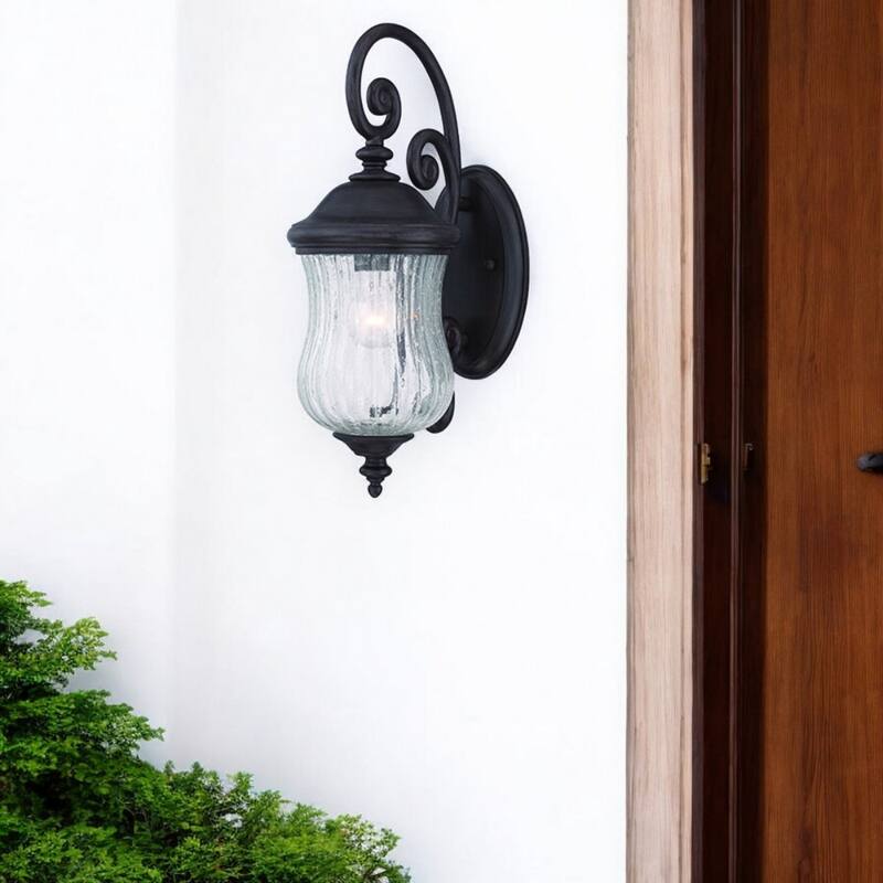 Matte Black Marble Outdoor Wall Light with Seeded Glass Hardwired, LED - 10” x 6.75” x 18” (D x W x H)