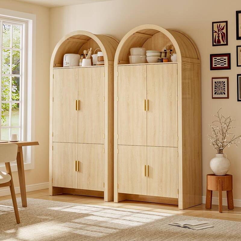 BOSSIN 71" Arched Fluted Door Pantry Cabinet, 9-Shelf Storage Organizer for Kitchen,Bathroom,Natural Wood Finish