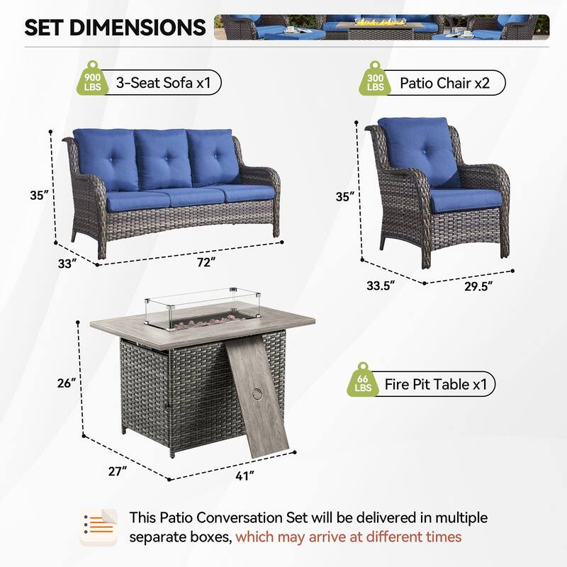 Gymojoy 4-Piece Outdoor Wicker Furniture Set, 2 Patio Chairs, 3-Seat Sofa & Fire Pit Table