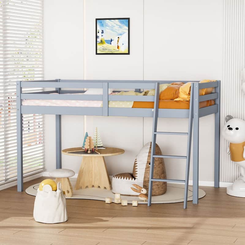 Espresso Wood Junior Loft Bed with Stairs for Adults, Kids and Young Teens - Grey - Twin