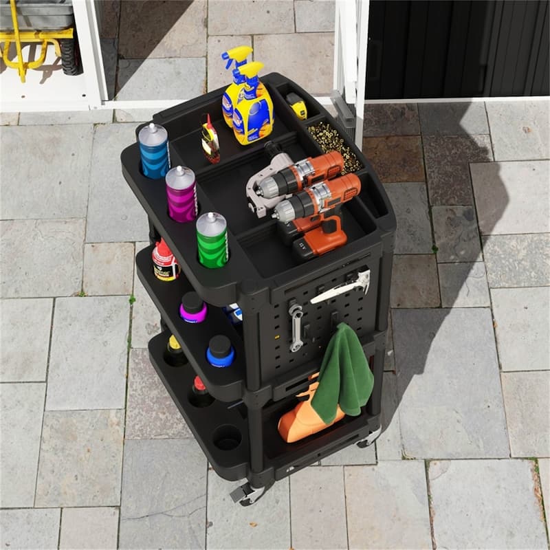 Three-Tier Mobile Rolling Tool Cart with Hooks and Storage Holes for Garage Workshop Organizer - 22.2" W x 18.7" D x 35" H