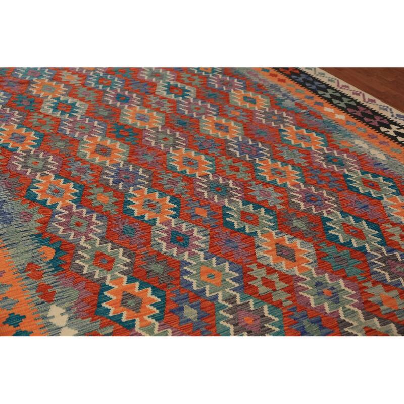 Geometric Kilim Area Rug Flatweave Wool Carpet - 8'8"x 11'10"