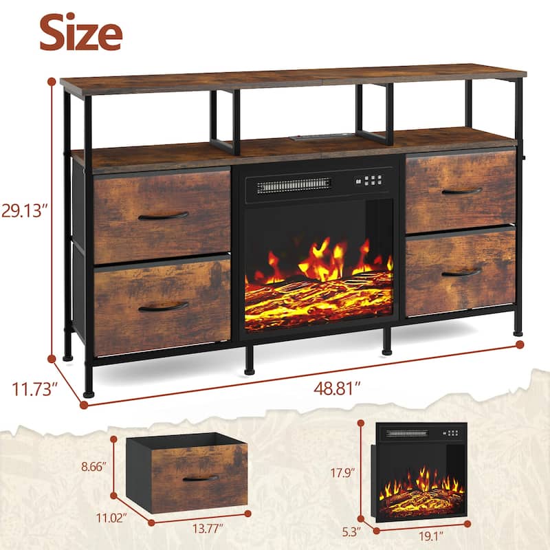 BOSSIN Fireplace TV Stand & Entertainment Center with LED Lights, 4 PU Leather Drawers, Open Shelves, and Built-in Power Outlets