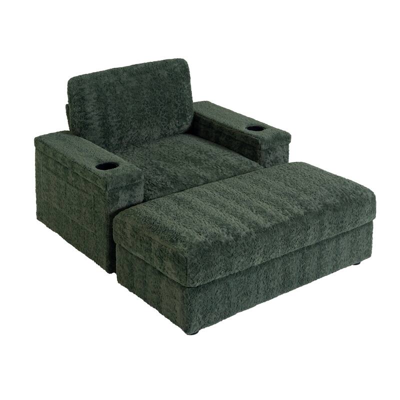 42" Oversized Green Faux Fur Chaise Lounge Sofa Bed with Storage, Cup Holders for Indoor Use