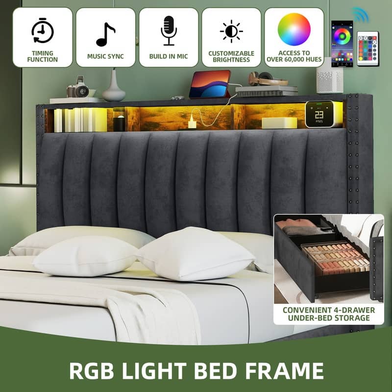 Full / Queen / King Size Platform Bed Frame with Upholstered Storage Headboard and 4 Drawers