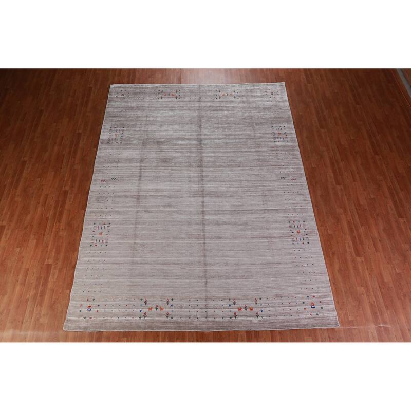 Hand Knotted Oriental Viscose Silk Carpet Tribal Stripe Greys & Charcoal Gabbeh Area Rug - 12' 5'' X 9' 3''